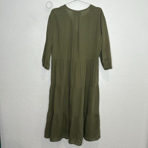 New Jenni Kayne James Tiered A-Line Dress 3/4 Sleeve Moss Green Large Linen - Picture 6 of 16